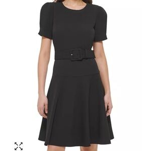 Karl Lagerfeld Black Fit and Flare Puff Sleeve Belted Scuba Crepe Dress size 10